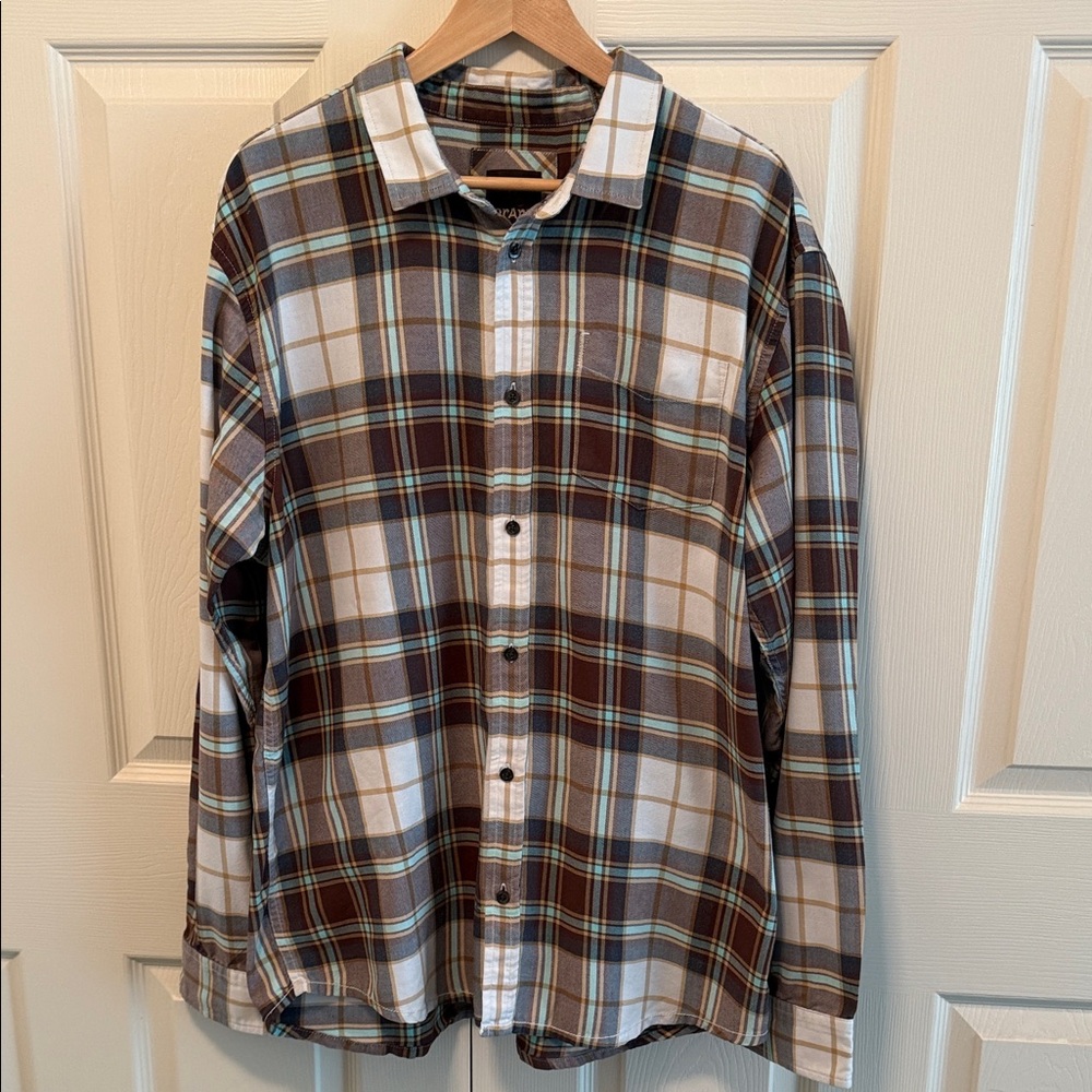 Men's Prana Plaid Long Sleeved Button Up Collared Shirt XL **Repaired**